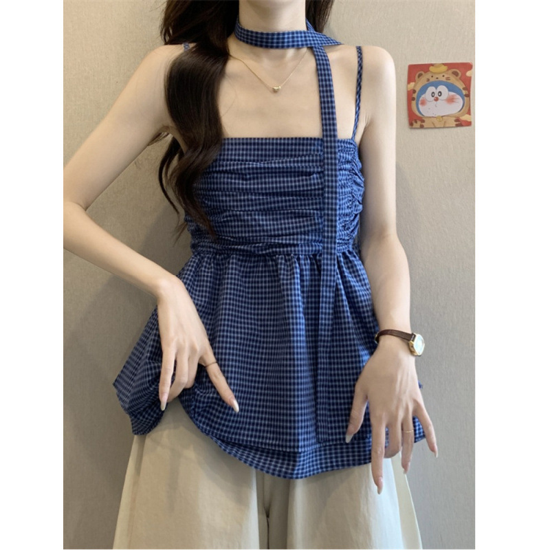 Wholesale [Original Fabric] Blue Plaid Lace Skirt Style Ribbon Halter Neck Camisole Women's Summer Pleated