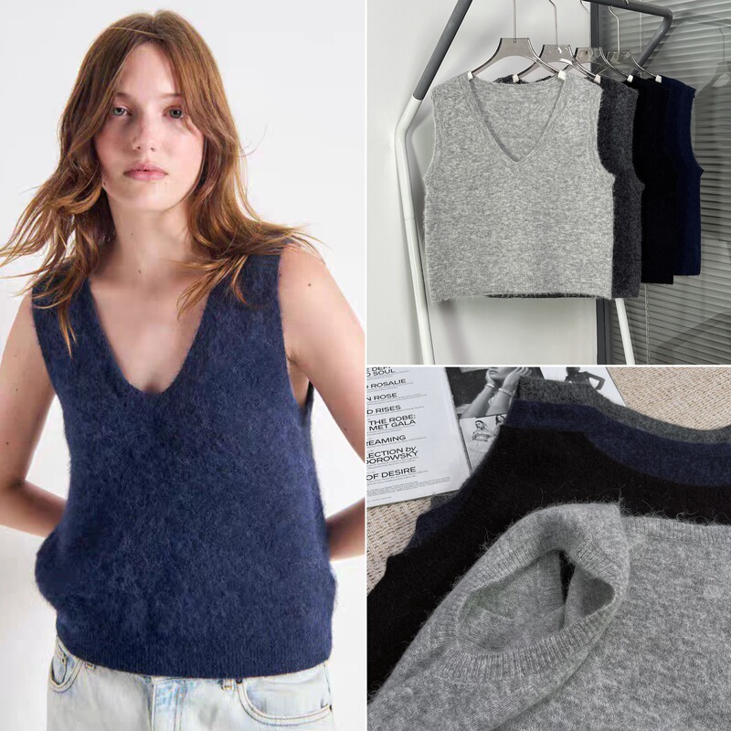 House Autumn and Winter Patchwork Multi-Color Soft Alpaca Wool Blend Sleeveless V-Neck Sweater Vest Layered Vest for Women