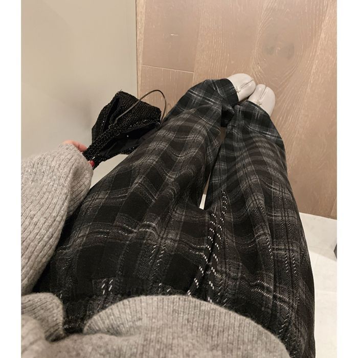 新款复古格子裤女2025春秋休闲高腰百搭直筒宽松拖地格纹阔腿裤子|undefined