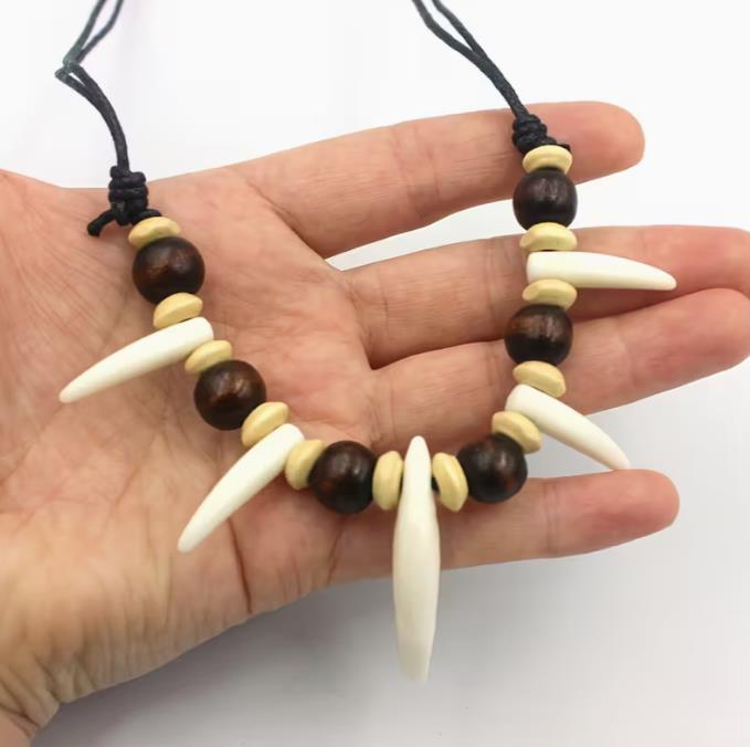 Niche Retro Imitation Wolf Tooth Wood Bead Necklace, Handmade Woven Dog Tooth Simple and Unique Sweater Chain, Tribal Unisex Accessory