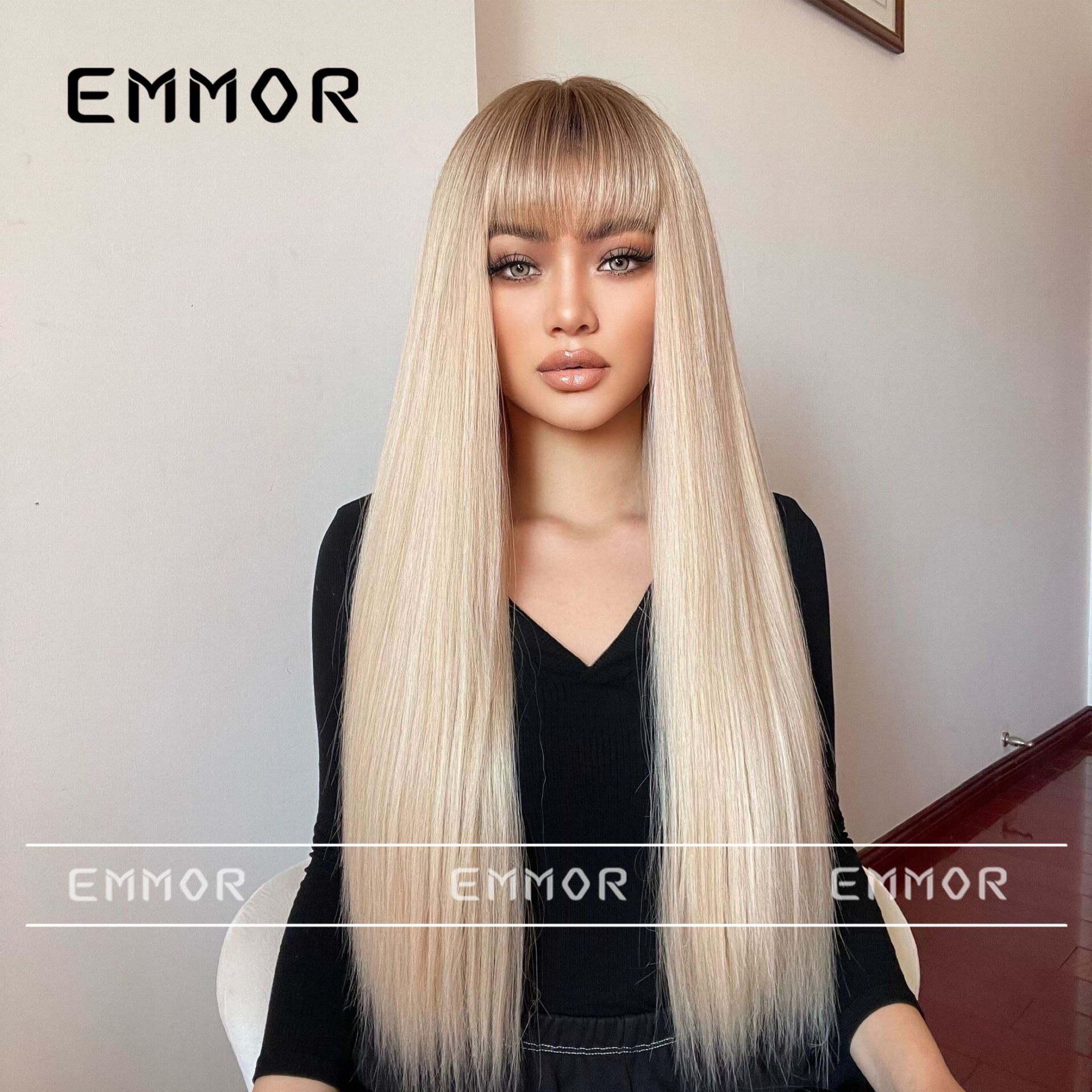 Moda europea y americana nueva suave pelo recto largo recto Bangs simulación natural transfronteriza suministro directo de fábrica peluca para las mujeres