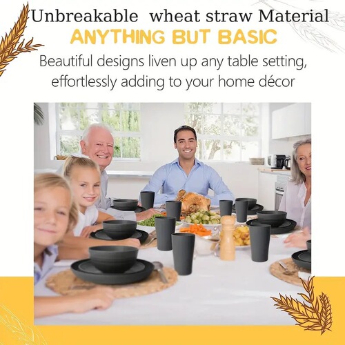 Cross-border wheat straw bowl set, home-use plate, bowl, cup set, black tableware, 16-piece set, high-end tableware