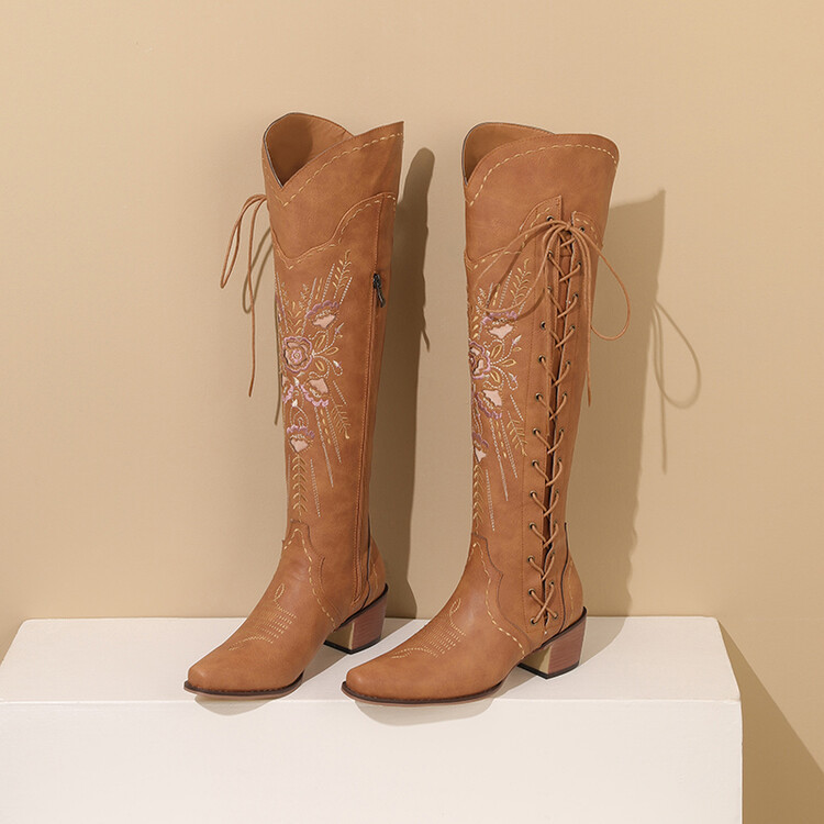 V-mouth knee-length embroidered lace-up boots 2023 foreign trade autumn and winter New European and American style pointed toe side zipper chunky heel women's boots V-mouth knee-length embroidered lace-up boots 2023 foreign trade autumn and winter New European and American style pointed toe side zipper chunky heel women's boots