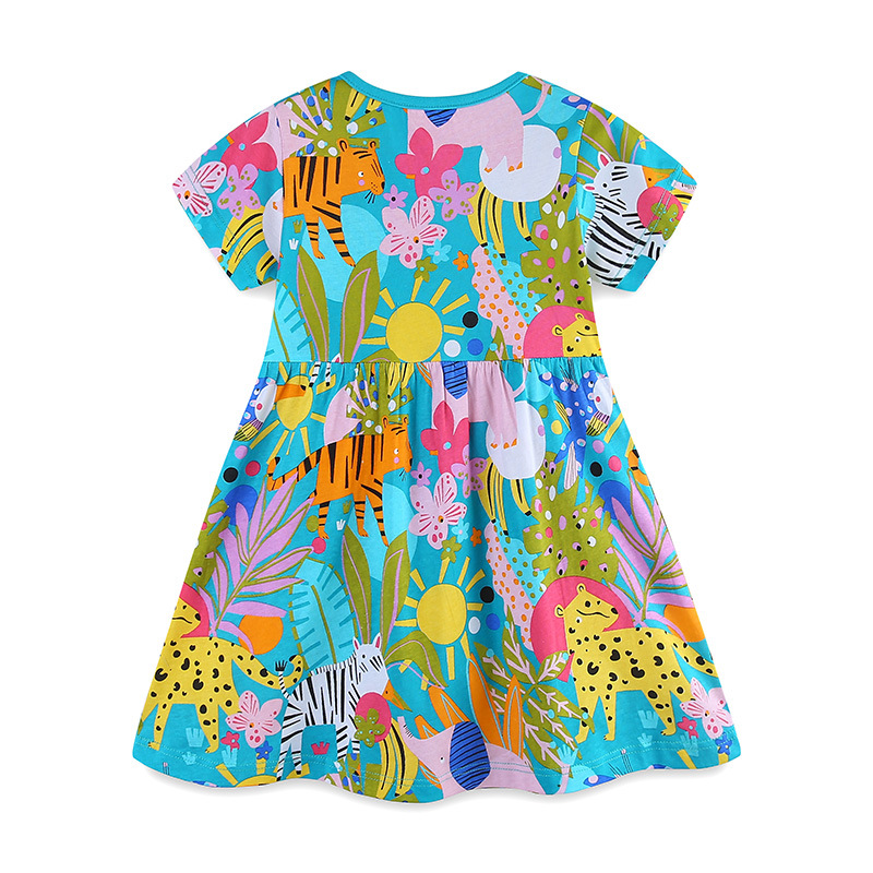 Novedad de verano, vestido para niñas, vestido de princesa con estampado de animales de dibujos animados, jersey de cuello redondo, vestido tejido de algodón de manga corta para niños
