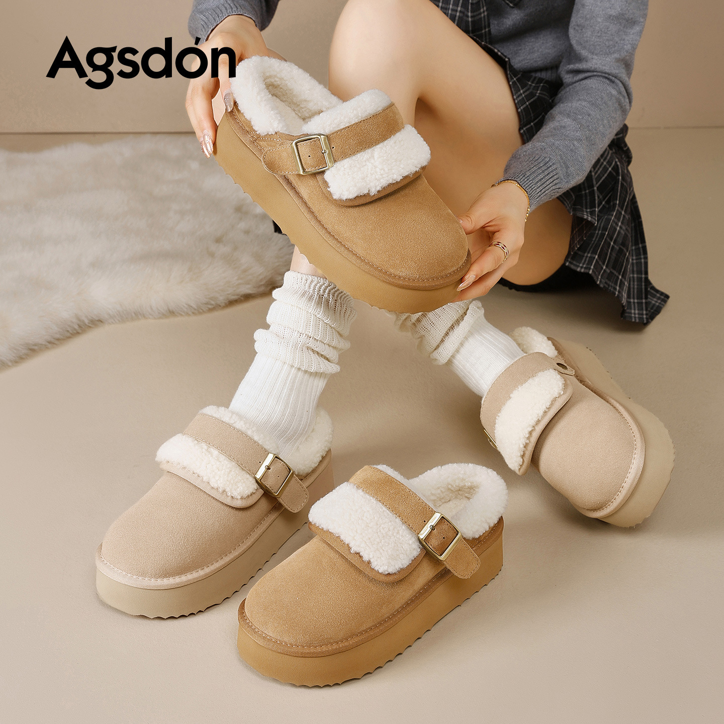 Augu Lion Dengjia Boccan zapatos de terciopelo mujeres 2025 nuevas botas de nieve de invierno gruesas con un pedazo de zapatillas de algodón grueso