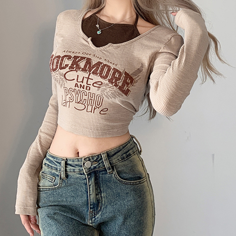  Early Autumn American Retro Color Block Letter Printed V-neck Long Sleeve T-Shirt Hot Girl Slim Fake Two-piece Short Top for Women