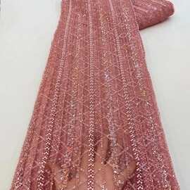 Bead lace 条纹珠管亮片绣蕾丝面料童装礼服连衣裙走秀时装布料