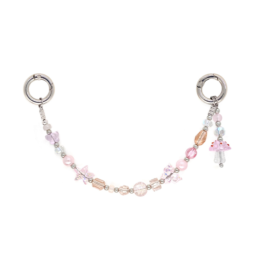Mist Powder Butterfly Mushroom Mobile Phone Hanging Chain Beaded Summer New Girl Heart Ins Style Crystal Butterfly Bag Pendant