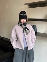 短款单排扣大袖子圆领包扣双面羊毛大衣 小个子廓形羊绒毛呢外套