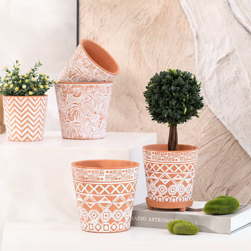 Textured Pottery Red Clay Flower Pot Porcelain Round Home Creative Export Plant Cactus Potted Plant with Foot Base