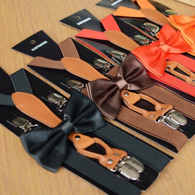 成人4夹吊裤带+领结套装多色可选男女通用背带夹子