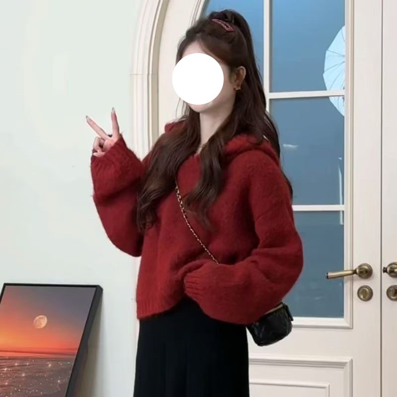 安可拉红连帽套头毛衣秋冬款外网红气质高尚遮肚百搭女式针织衫