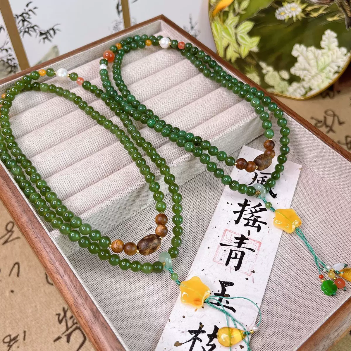 天然和田白玉多圈手串毛衣链项链蜜蜡南红多宝国风新中式复古礼物