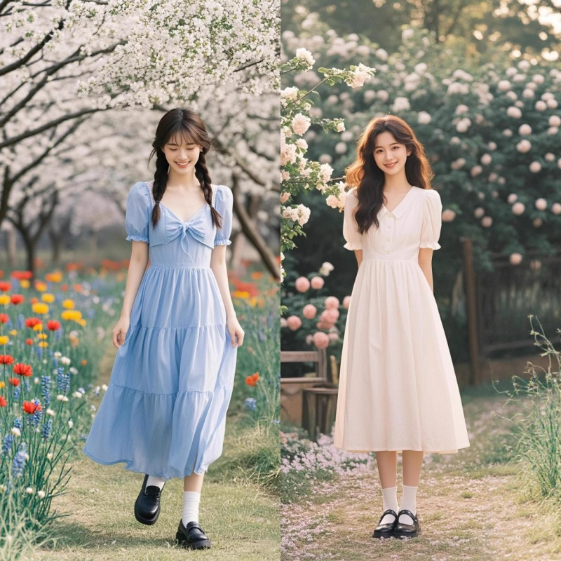 杭州四季青2025夏季女新款韩系温柔甜美中长款连衣裙法式高腰显瘦|undefined
