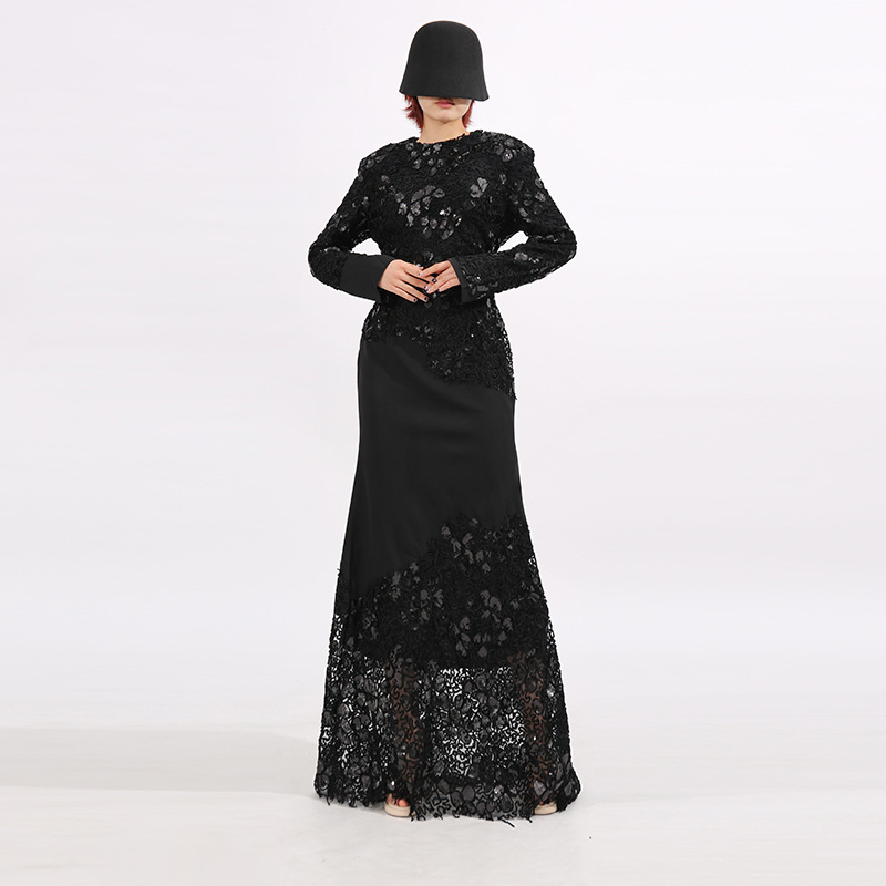 European and American Cross-Border Celebrity Evening Dress 2026 Spring New Style Round Neck Embroidered Slim Fit Fishtail Hip-Hugging Dress for Women