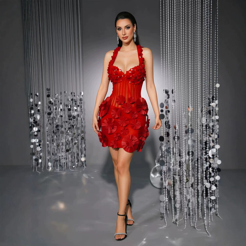 2026 European and American Cross-Border Women's Fashion Birthday and New Year Party Dress with Heavy 3D Embellishments, Spaghetti Straps, Waist-Cinching, Bodycon Bandage Dress 2026 European and American Cross-Border Women's Fashion Birthday and New Year Party Dress with Heavy 3D Embellishments, Spaghetti Straps, Waist-Cinching, Bodycon Bandage Dress