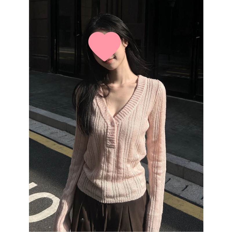 2025新款早秋时尚领毛织上衣女竖坑条螺纹镂空针织衫粉色其它|undefined
