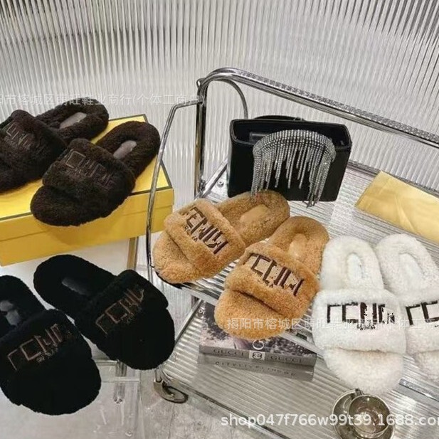 F Brand Women's Furry Slippers Autumn and Winter New Trendy Furry Slippers for Outdoor Wear 2025 Autumn and Winter New Letter Embroidery