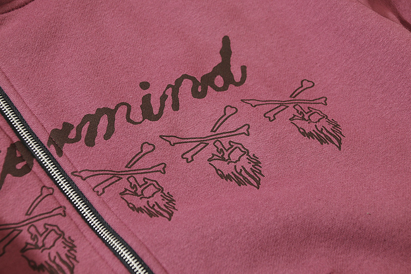 Design Letter Print Skull Burgundy Pullover Zip Jacket Sweatshirt