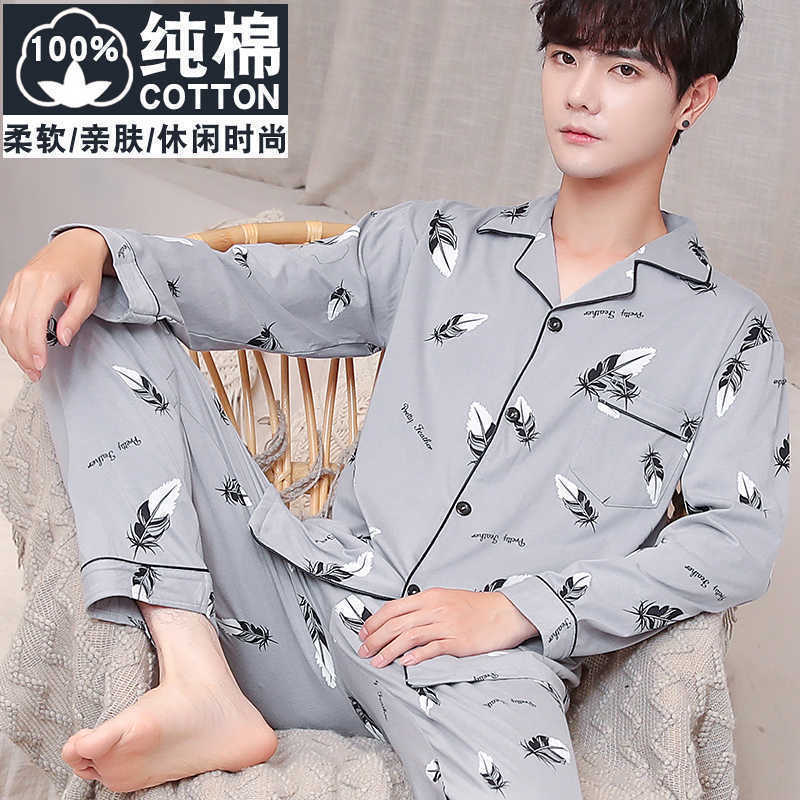 Pijamas 100% algodón de los hombres de manga larga pantalones de primavera y otoño de mediana edad suelta más tamaño desgaste del hogar traje de dos piezas