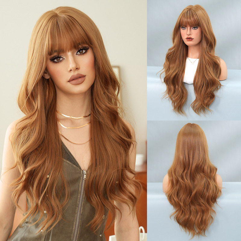 Asian women's wig, ginger yellow long curly hair, full head cover, foreign trade wavy curly hair, everyday fluffy high-quality wig Asian women's wig, ginger yellow long curly hair, full head cover, foreign trade wavy curly hair, everyday fluffy high-quality wig
