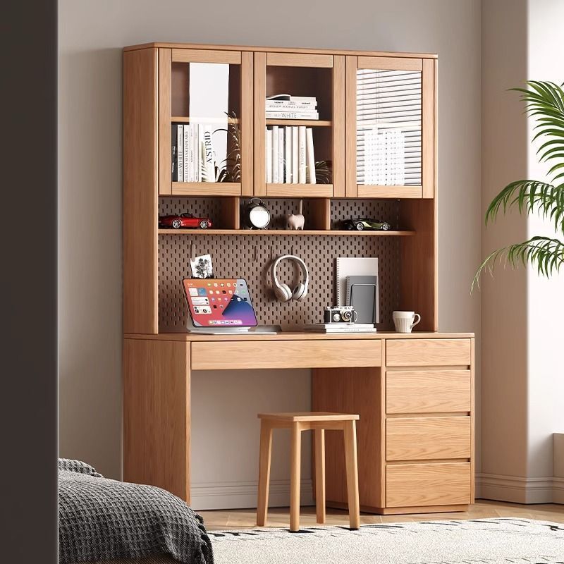 Oak Solid Wood Desk Bookshelf Integrated Table with Drawer Bookcase Study Simple Small Apartment Desk Bookcase Combination