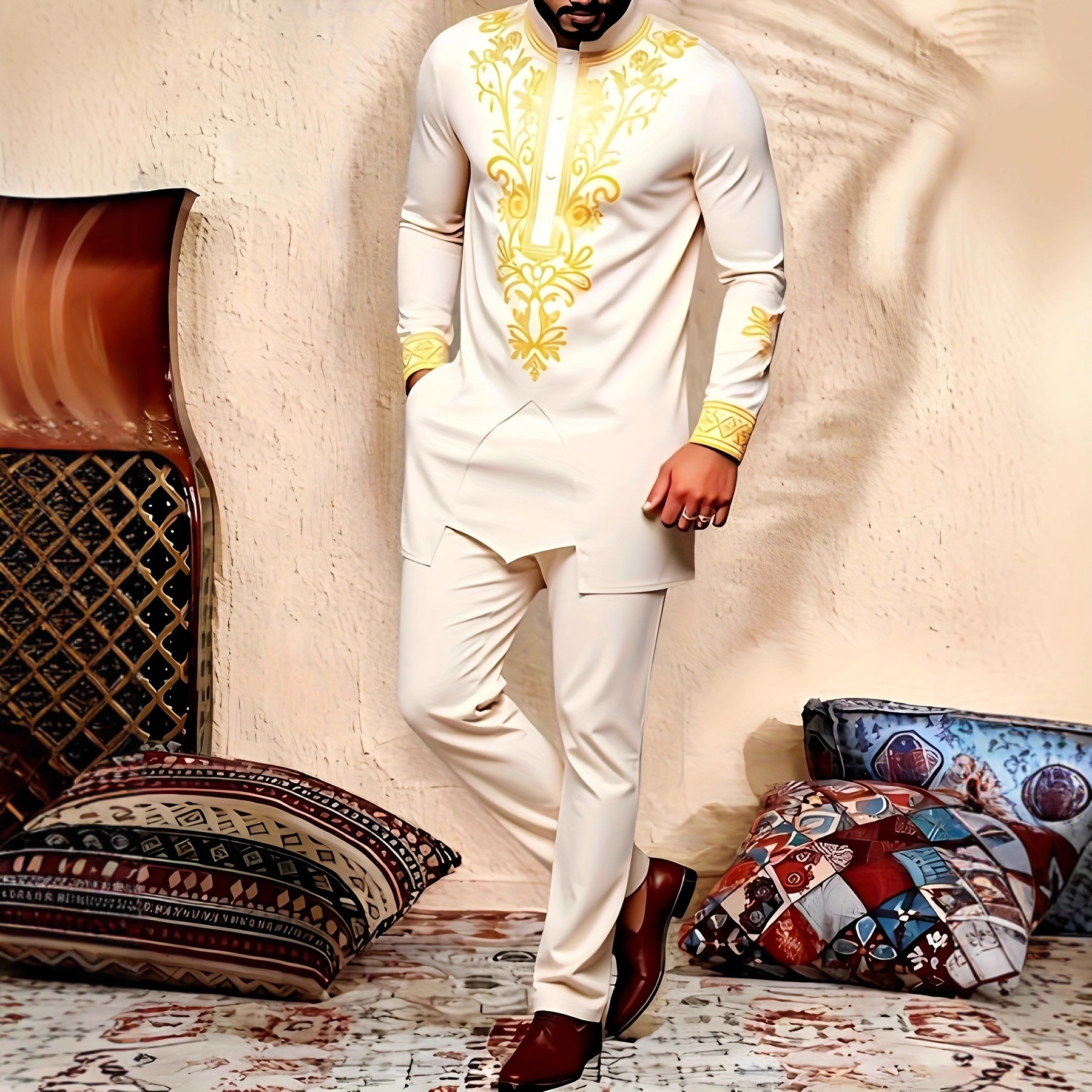 Traje de boda tradicional africano para hombre, conjunto de 2 piezas, cuello redondo, manga larga, top y pantalones, comercio exterior