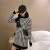 Round neck thousand bird check color matching long sleeve dress with buttock skirt and knitted skirt