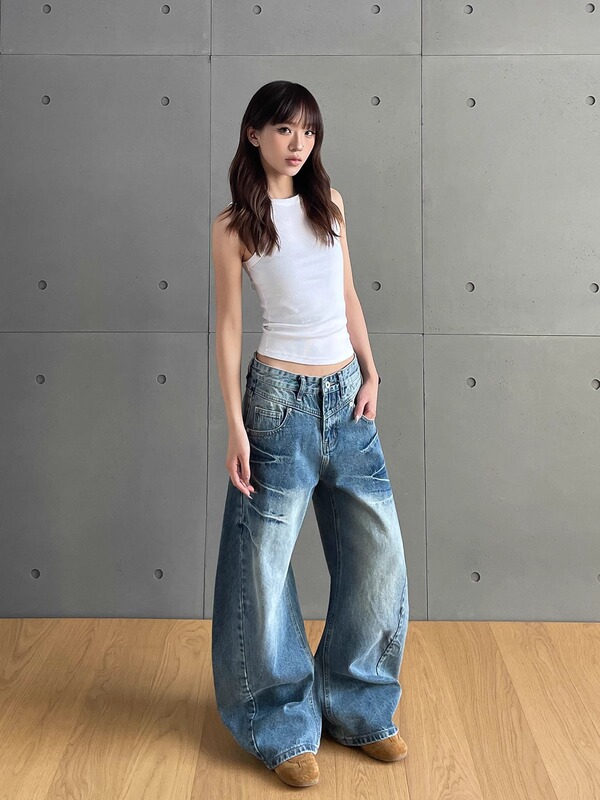裂纹水洗牛仔裤男直筒宽松弯刀阔腿美式高街裤子潮流百搭痞帅长裤|undefined