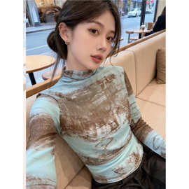 晕染扎染半高领网纱长袖T恤女夏季薄款透视防晒罩衫修身显瘦上衣