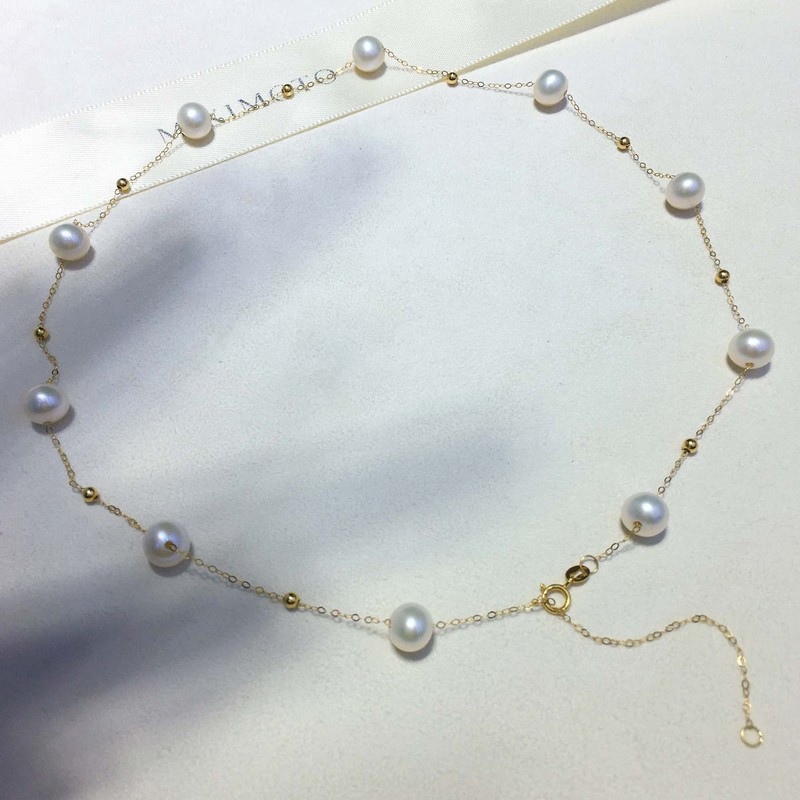 売れ筋 18K ゴールド AU750 ベビーブレス 天然淡水本真珠ネックレス ほぼラウンド鎖骨チェーンネックレス|undefined
