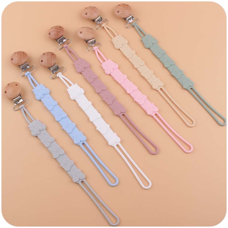 Nuevos suministros para bebés Beech clip de chupete de boca ancha calmante oso bebé Cadena de chupete de silicona suave cadena anti-caída