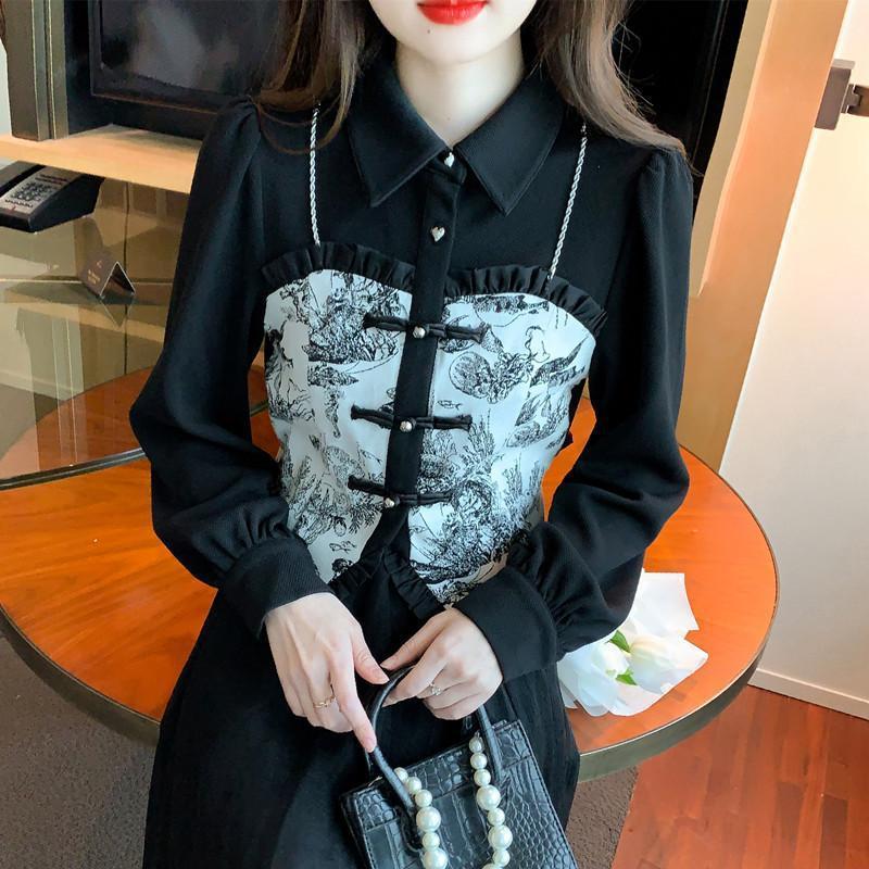 假两件复古拼接衬衫女秋新款新中式短款洋气卡腰长袖国风上衣小衫|undefined
