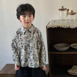 新款春装2026男童长袖花衬衫中小童森系复古港风衬衣开衫图片色