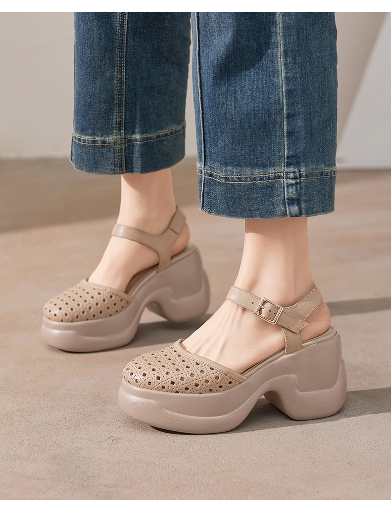 Sandal cao gót nữ mũi kín quai ngang gót 9 cm phong cách La Mã — màu trắng ngà, màu mơ chi tiết 3