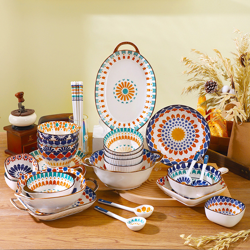 Bohemian Ceramic Bowl and Tableware Set, Light Luxury Bowls and Plates, Japanese-Style Noodle Bowls, Western-Style Plates, Bowls, and Chopsticks, Round Retro Dessert Dishes