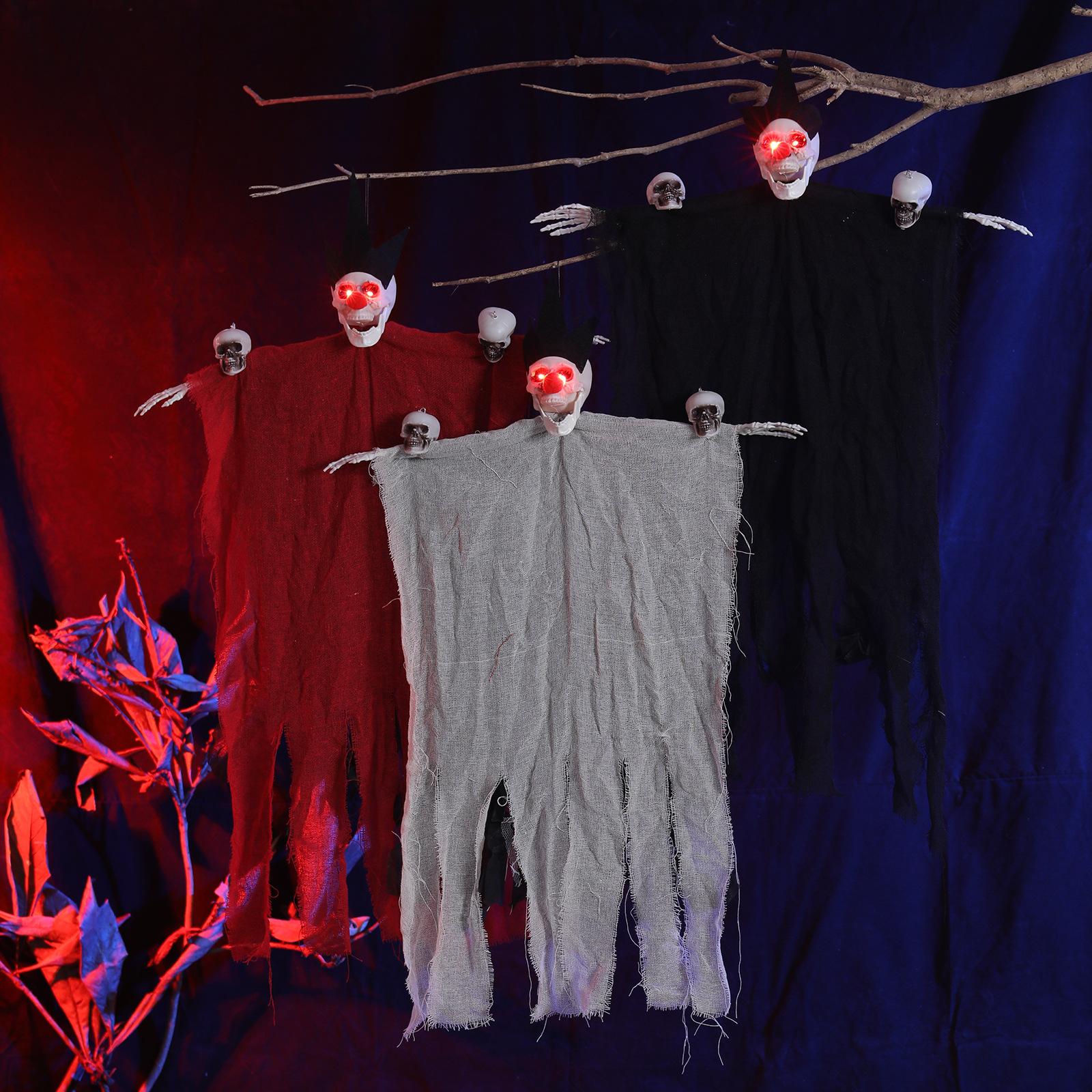 Decoraciones de Halloween, fantasmas colgantes de tres cabezas, brillantes, muecas, gasas, festivales de fantasmas, casas embrujadas, decoraciones de fiesta en el patio