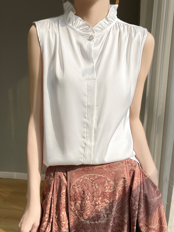 Fungus Lace Collar Sleeveless Solid Color One-button Vest Silky Satin Commuter Slimming Spring and Summer Thin Elegant Shirt for Women