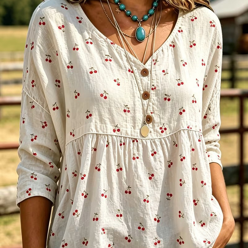 2026 New European and American Style V-Neck Printed Loose Mid-Sleeve Drop Shoulder Three-Button Shirt Top for Women, Cross-Border Casual Wear 2026 New European and American Style V-Neck Printed Loose Mid-Sleeve Drop Shoulder Three-Button Shirt Top for Women, Cross-Border Casual Wear