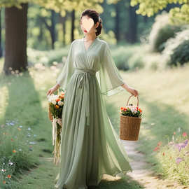 改良汉服古装女飘逸超仙气质交叉领日常可穿成人2025夏季连衣裙女