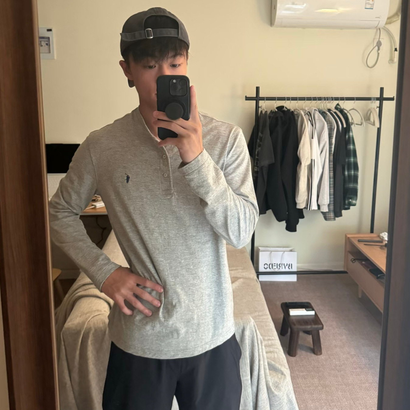 High-quality RL Ruff washed distressed Henley shirt, long-sleeved, pony embroidered base layer, loose fit, unisex T-shirt