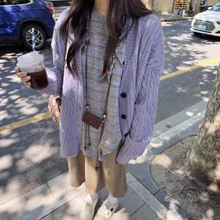 跨境韩系麻花针织毛衣外套女秋冬新款软糯慵懒风V领宽松开衫女