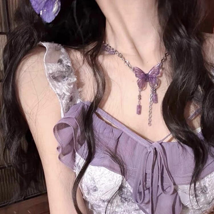 超纯欲紫色蝴蝶流苏项链气质甜美高级水晶颈链个性设计感锁骨链|undefined