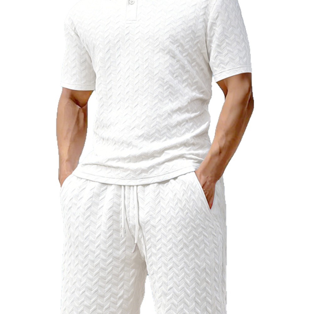 Men's Short Sleeve Polo Shirt Set Jacquard Design Comfort Fit Casual Summer Wear Breathable Polyester Fabric_viptrois.com