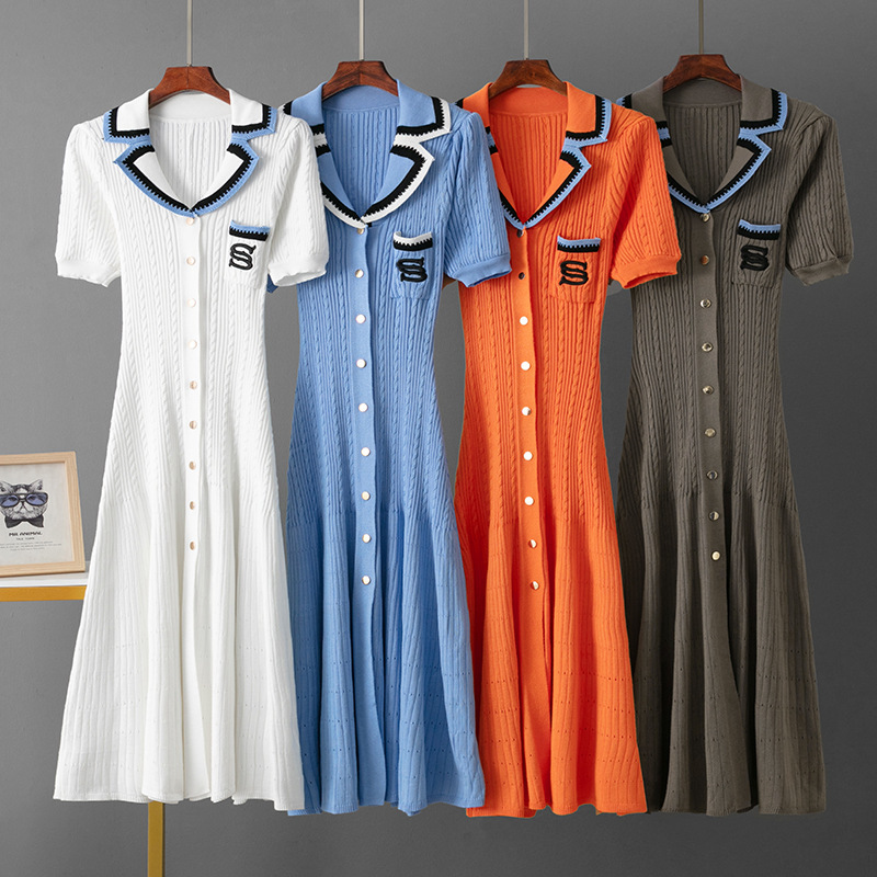 Cross-Border Export French Robe Women's New Polo Collar Embroidered Long Skirt Elegant Elegant Slim Knitted Dress