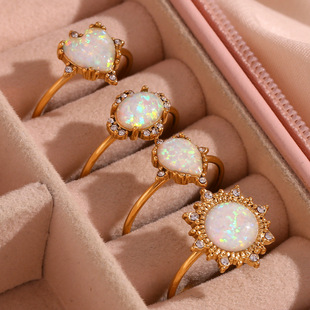 European and American Fashion Popular Niche Ring Jewelry Stainless Steel Plated 18K Gold Opening Adjustable Opal Ring for Women
