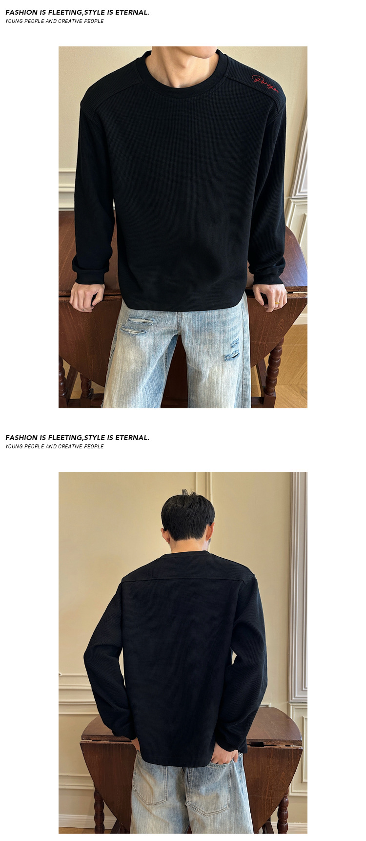 Men's Long-sleeve Waffle T-shirt With Embroidered Red Label Logo_voghion.com