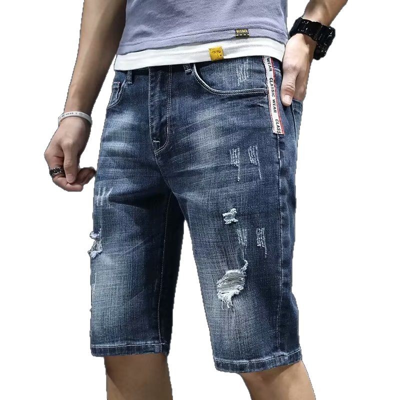2025 Men's Denim Shorts Summer Thin Fashionable Loose Medium Pants Five-point Seven-point Hole Five-point Seven-point Breeches