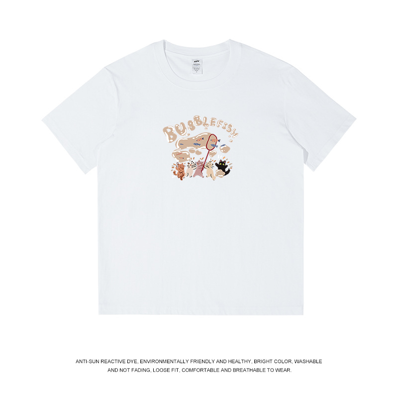 Camiseta de manga corta con estampado de burbujas de dibujos animados de estilo japonés para hombre, corte holgado, algodón puro, camiseta blanca para mujer, informal y versátil para verano. image 8