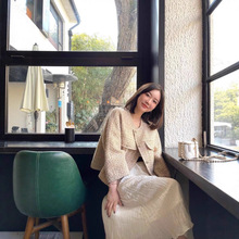 细闪香槟金2025秋季短款九分袖宽松A字羊毛编织粗花呢外套气质